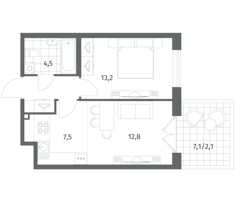 2-комнатная (Евро) квартира, 44.1 м² в ЖК "Парусная 1" - планировка, фото №1