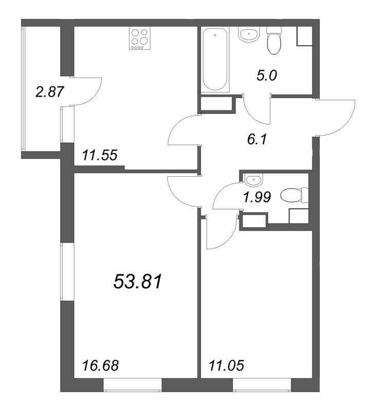 2-комнатная квартира, 53.81 м² в ЖК "Кинопарк" - планировка, фото №1