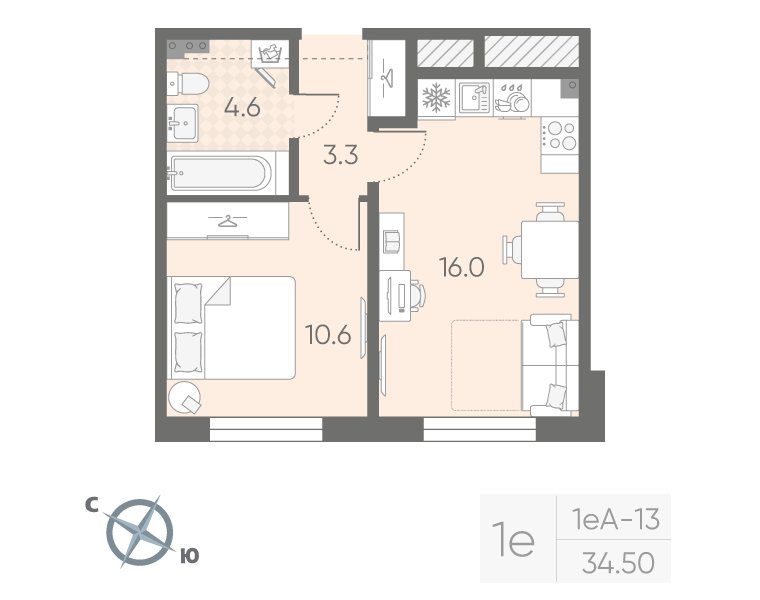 1-комнатная квартира, 34.5 м² в ЖК "Пулково Lake" - планировка, фото №1