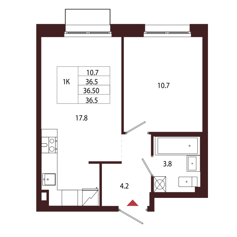 2-комнатная (Евро) квартира, 36.5 м² в ЖК "Лисино" - планировка, фото №1