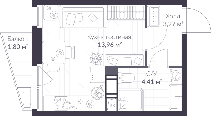 Квартира-студия, 22.18 м² в ЖК "VEREN NORT сертолово" - планировка, фото №1