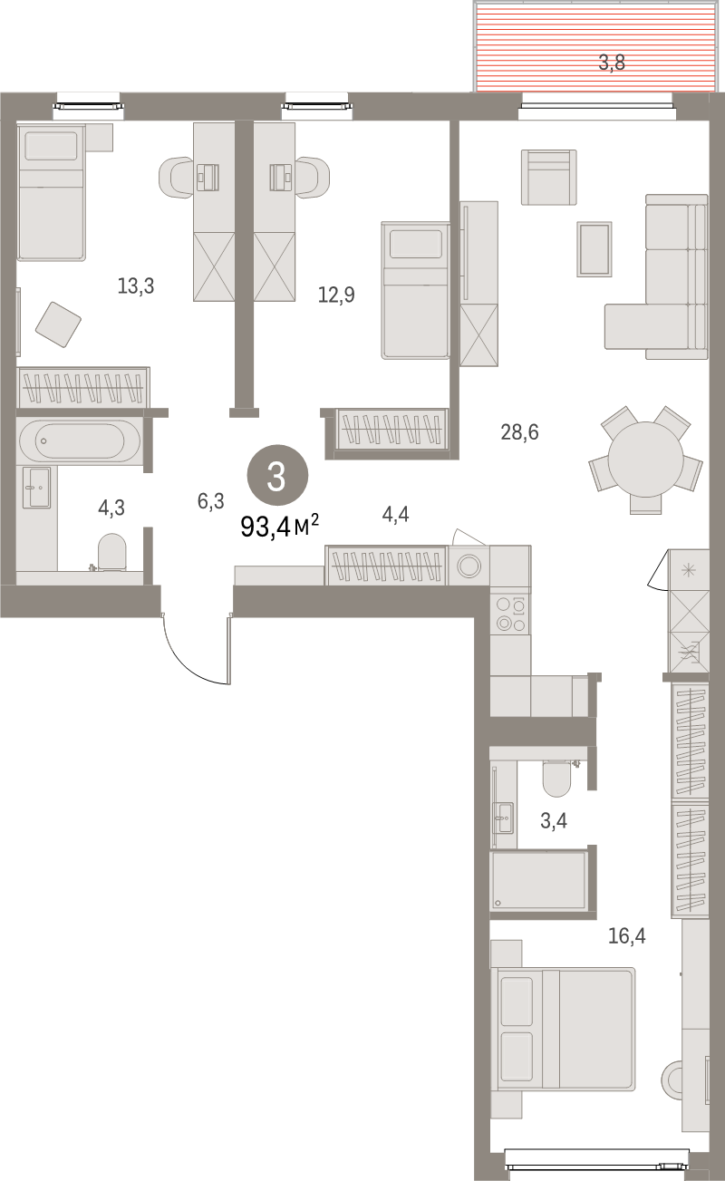 4-комнатная (Евро) квартира, 93.4 м² в ЖК "Северный ветер" - планировка, фото №1