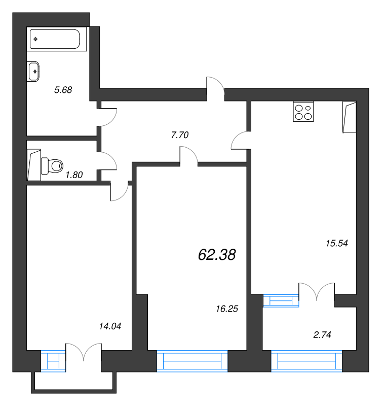 3-комнатная (Евро) квартира, 66.8 м² - планировка, фото №1