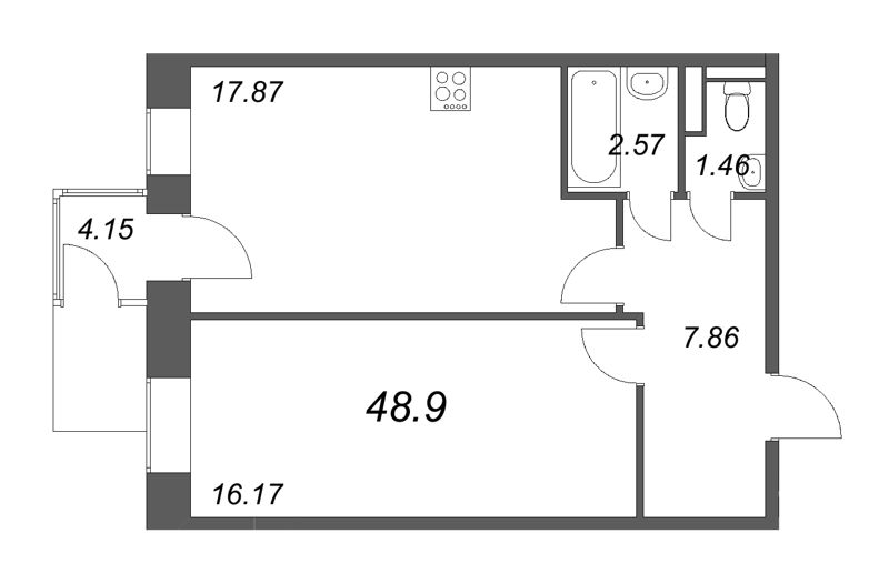 2-комнатная (Евро) квартира, 48.9 м² - планировка, фото №1