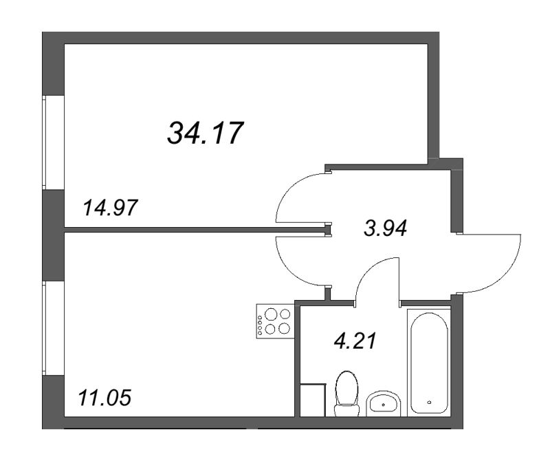 1-комнатная квартира, 34.17 м² в ЖК "Кинопарк" - планировка, фото №1