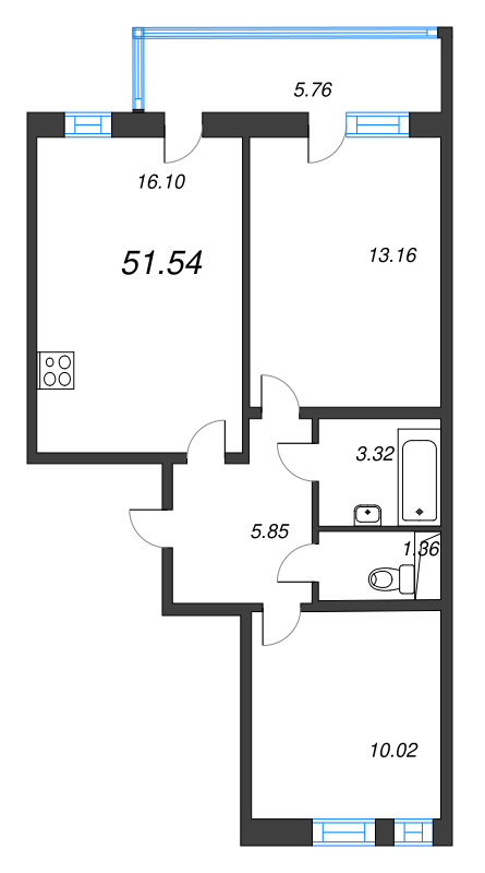 3-комнатная (Евро) квартира, 51.54 м² в ЖК "AEROCITY" - планировка, фото №1