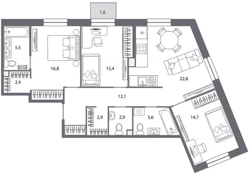 4-комнатная (Евро) квартира, 101.6 м² - планировка, фото №1