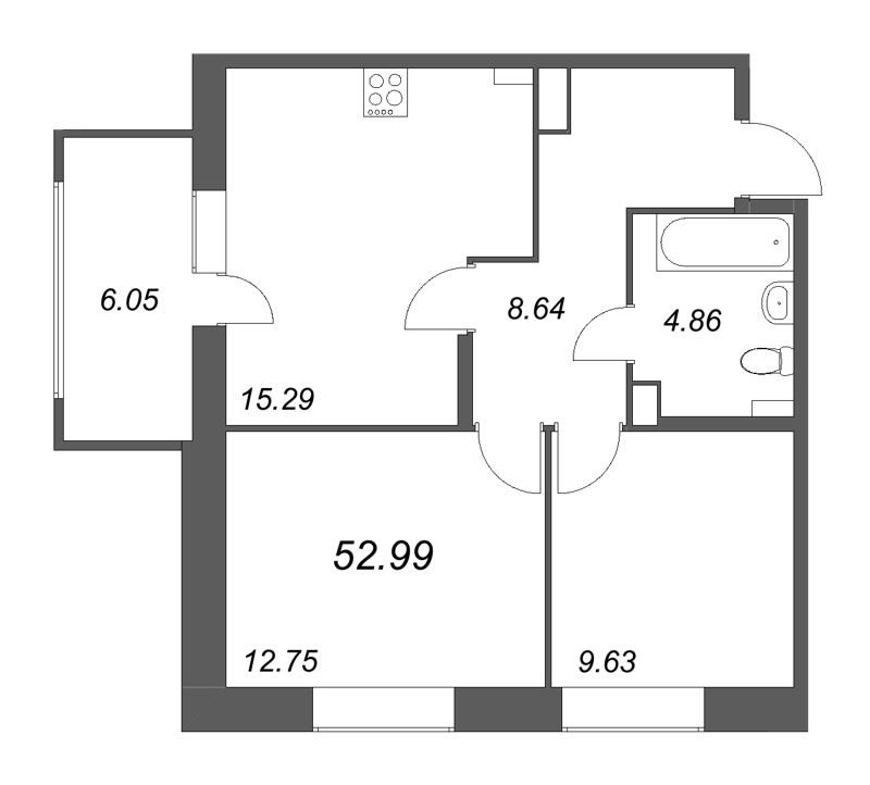 3-комнатная (Евро) квартира, 52.99 м² - планировка, фото №1