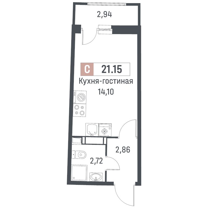 Квартира-студия, 21.15 м² в ЖК "Авиатор" - планировка, фото №1
