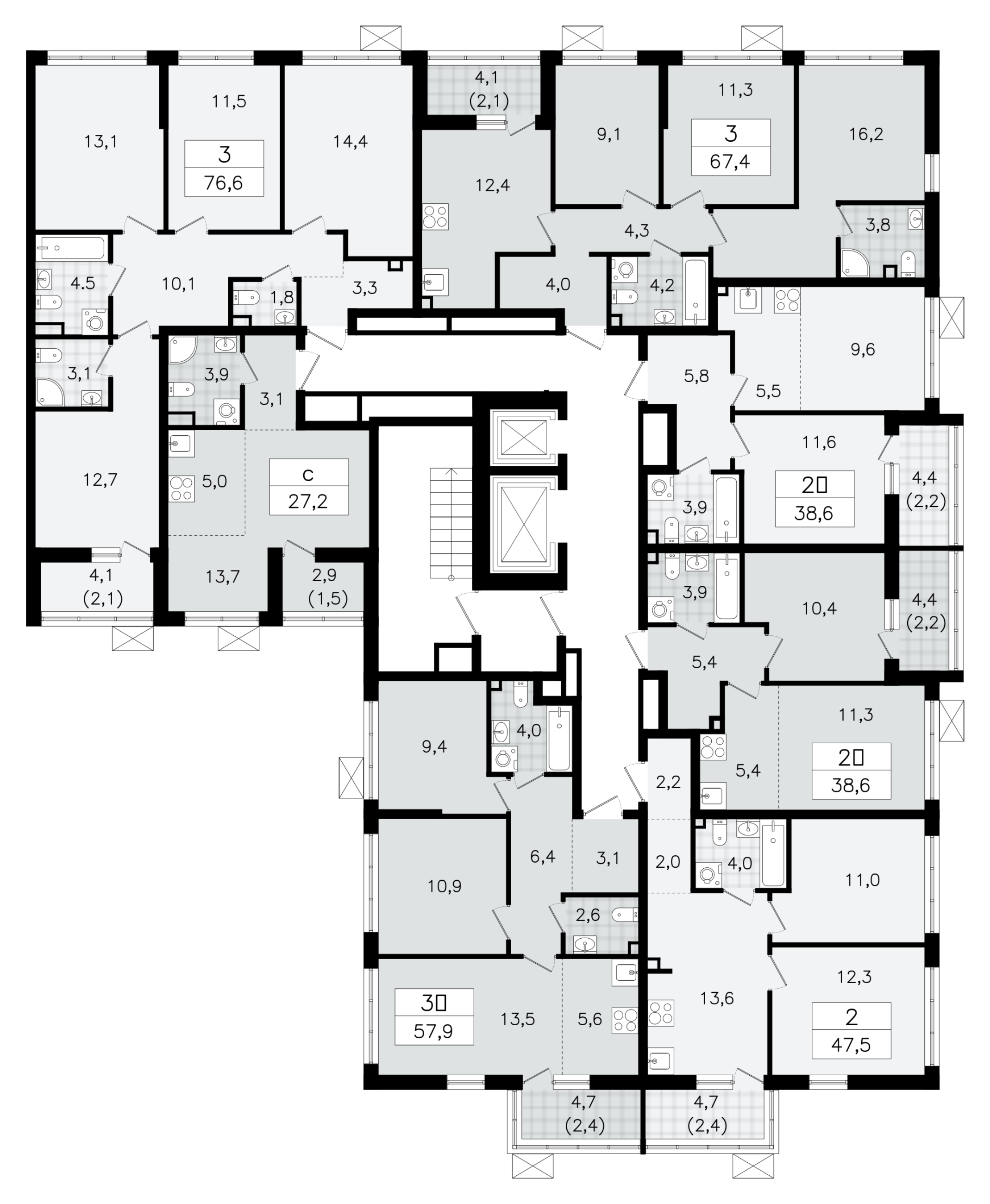 3-комнатная квартира, 76.6 м² - планировка этажа