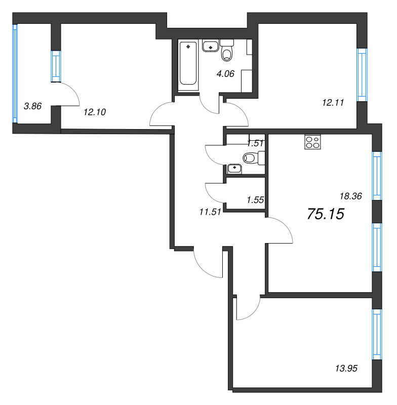 4-комнатная (Евро) квартира, 75.15 м² - планировка, фото №1