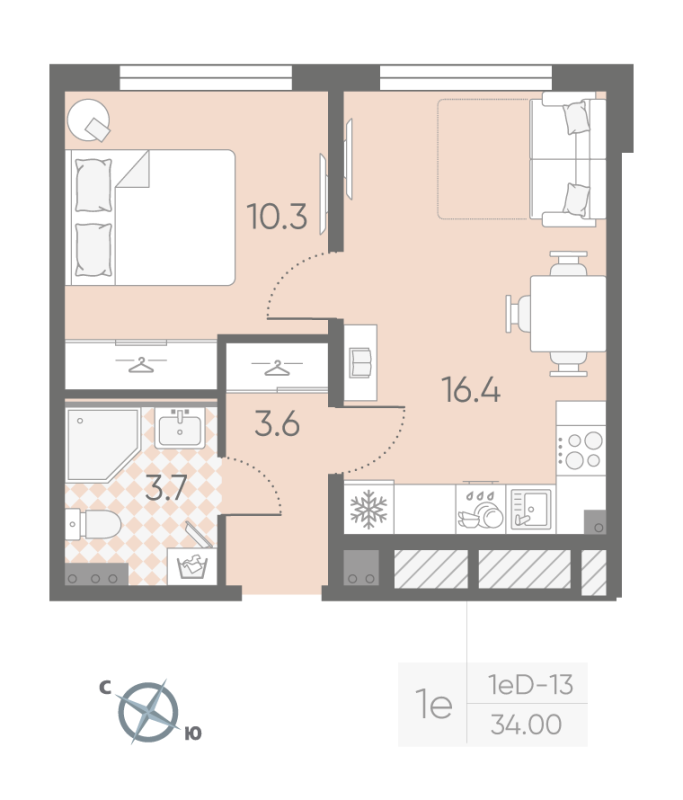 2-комнатная (Евро) квартира, 34 м² в ЖК "Пулково Lake" - планировка, фото №1