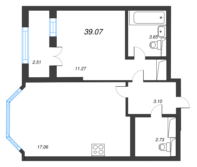 1-комнатная квартира, 39.07 м² в ЖК "Цивилизация на неве" - планировка, фото №1