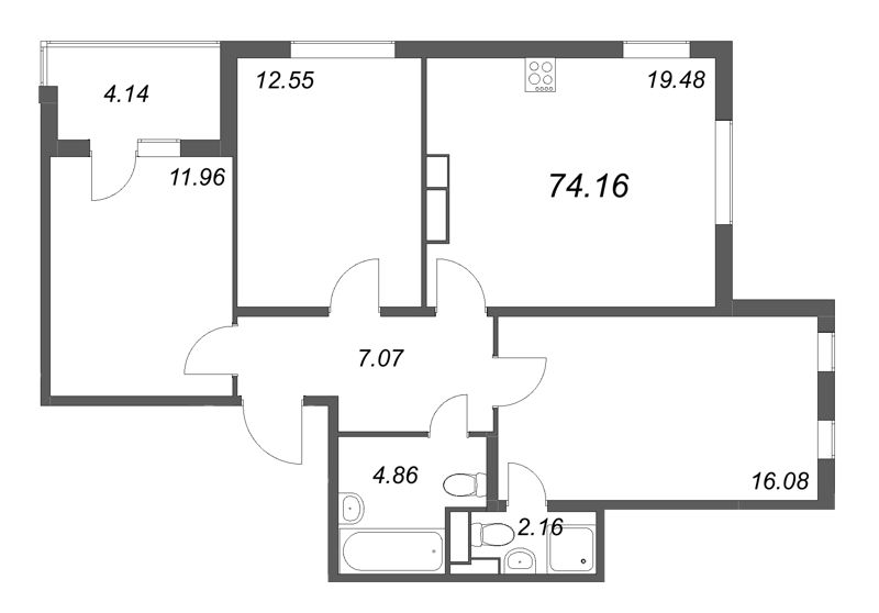 4-комнатная (Евро) квартира, 74.16 м² - планировка, фото №1