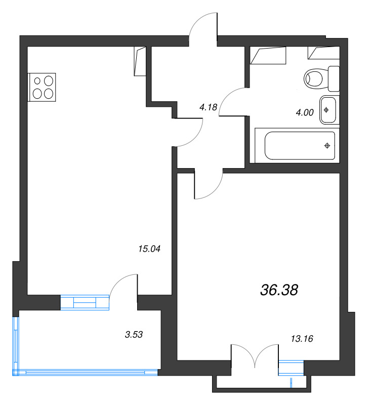 2-комнатная (Евро) квартира, 36.38 м² в ЖК "Любоград" - планировка, фото №1