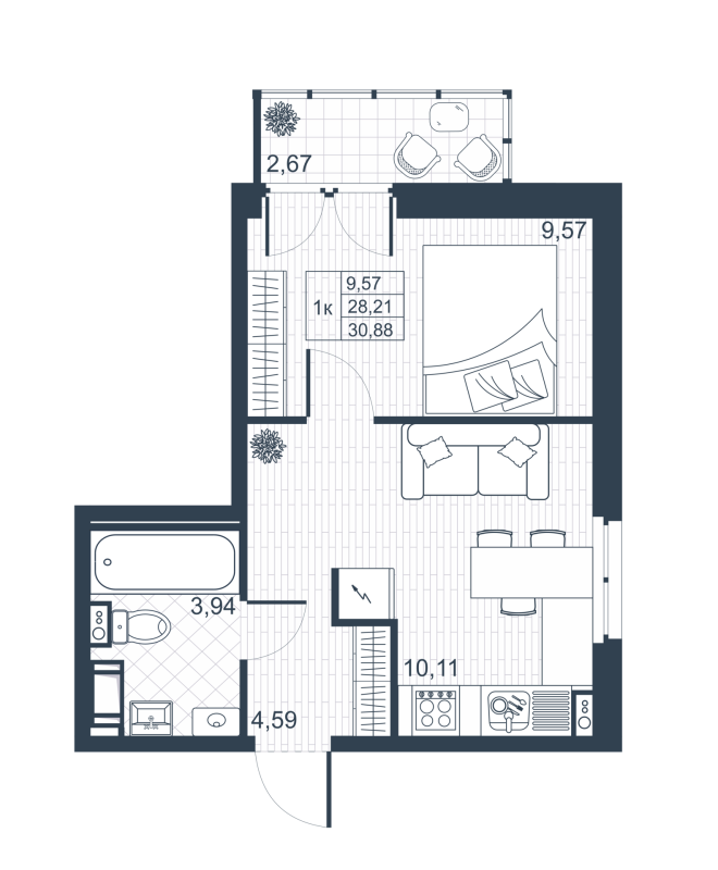 1-комнатная квартира, 29.01 м² - планировка, фото №1
