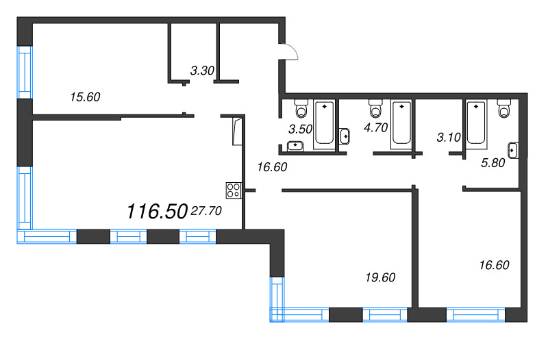 4-комнатная (Евро) квартира, 116.5 м² в ЖК "ЛДМ" - планировка, фото №1