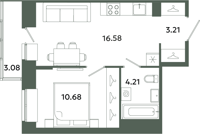2-комнатная (Евро) квартира, 35.61 м² в ЖК "Загляденье" - планировка, фото №1