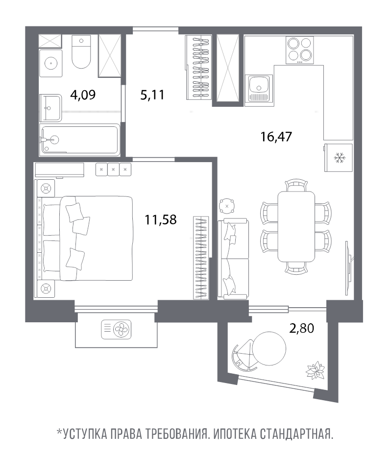 2-комнатная (Евро) квартира, 38.09 м² в ЖК "Респект" - планировка, фото №1