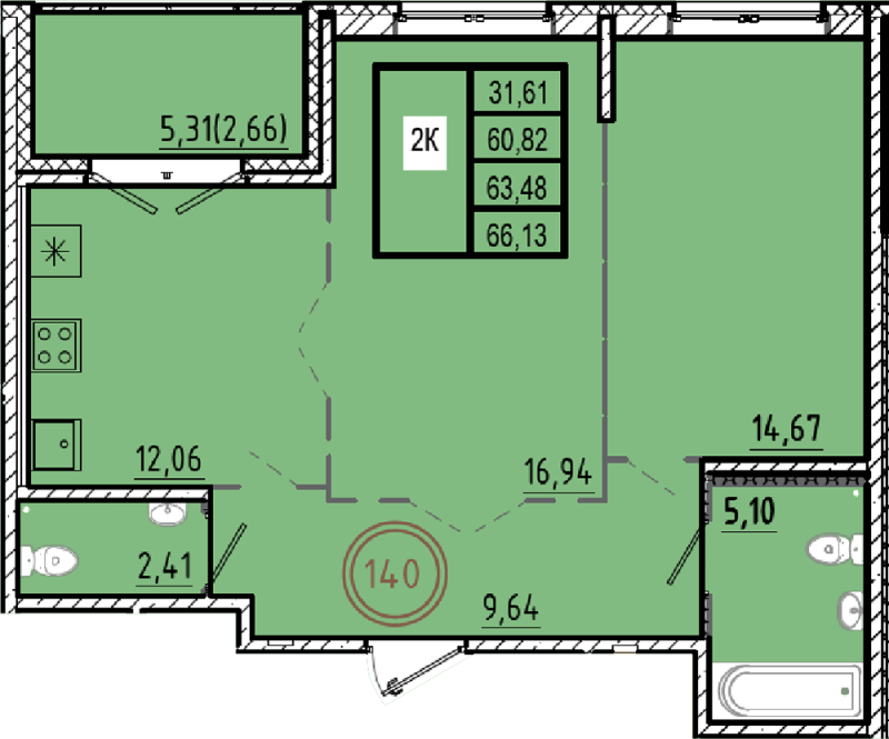 2-комнатная квартира, 60.82 м² в ЖК "Образцовый квартал 9.1" - планировка, фото №1