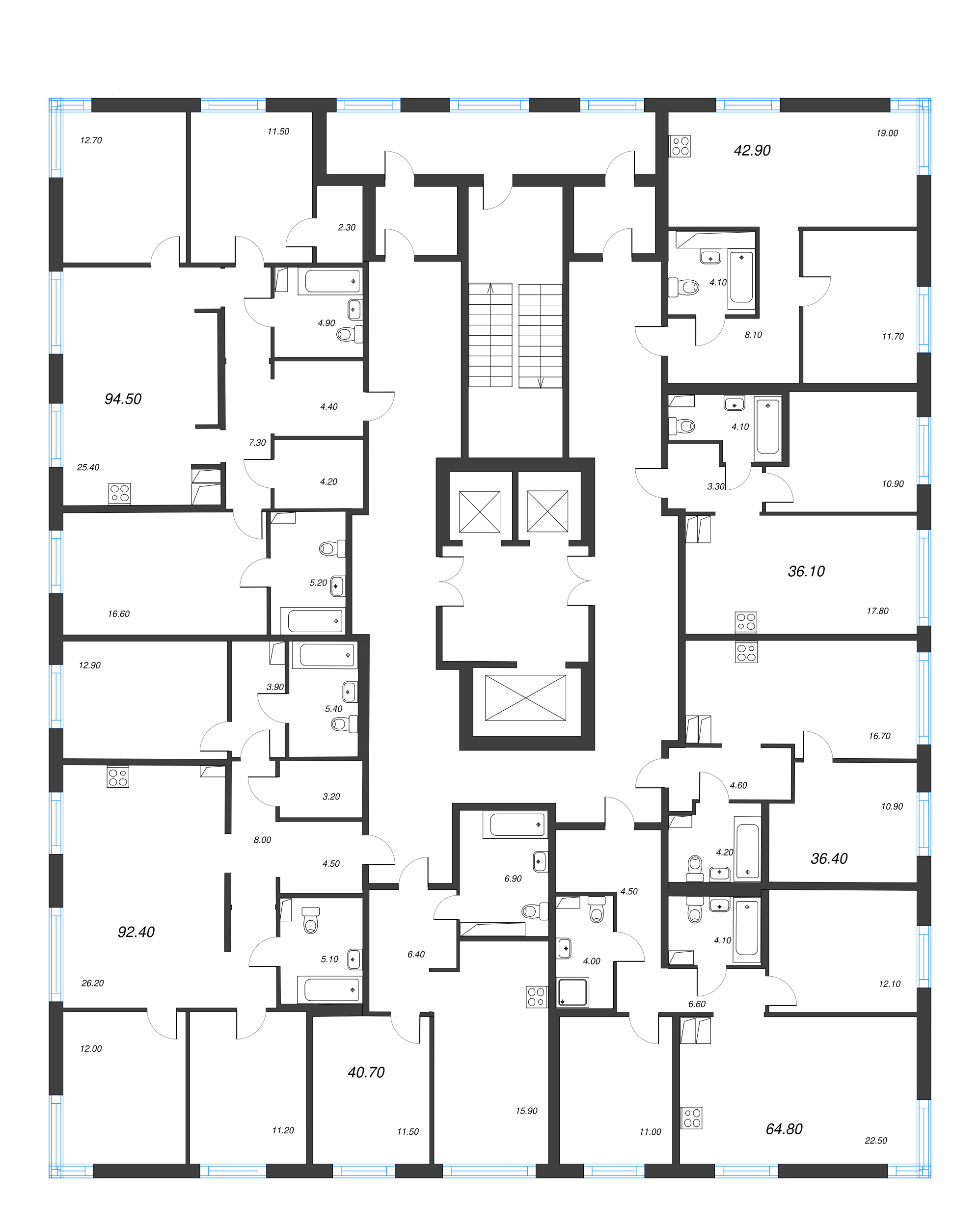 2-комнатная (Евро) квартира, 40.7 м² в ЖК "Струны" - планировка этажа