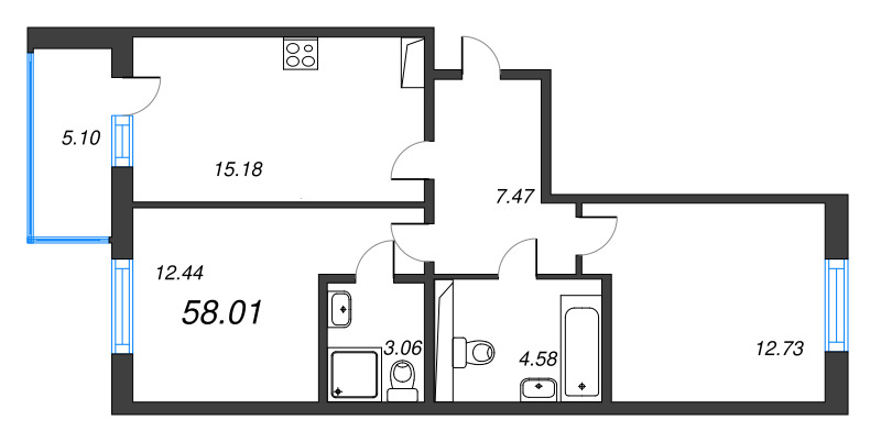 3-комнатная (Евро) квартира, 58.01 м² в ЖК "IQ Гатчина" - планировка, фото №1