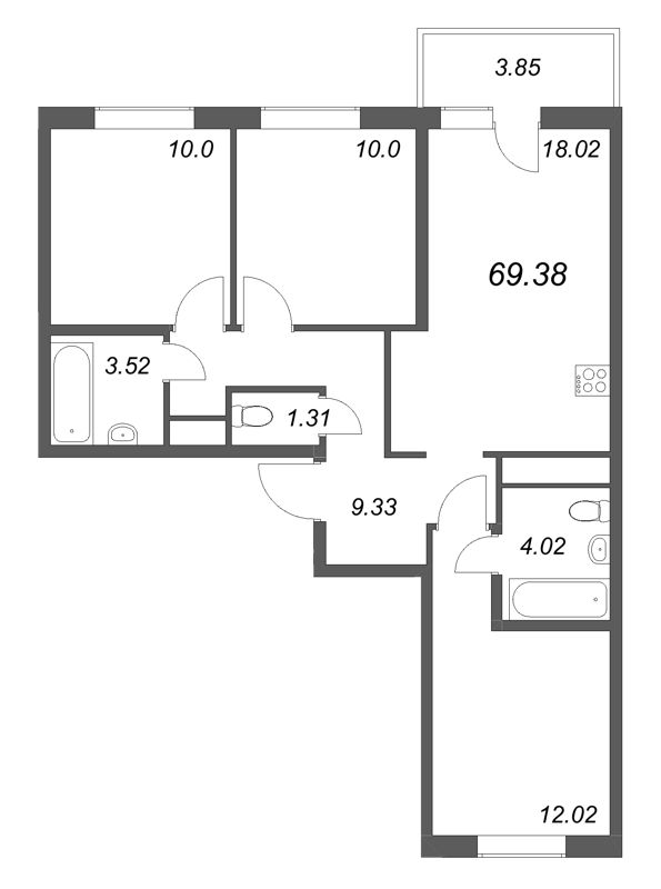 4-комнатная (Евро) квартира, 69.38 м² в ЖК "Аэросити Лайф" - планировка, фото №1