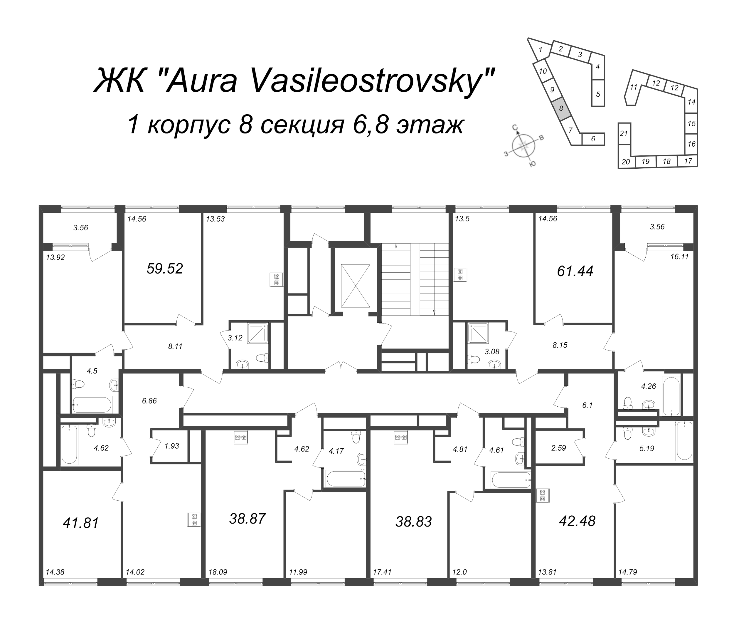 2-комнатная квартира, 59.52 м² в ЖК "GloraX Premium Василеостровский" - планировка этажа