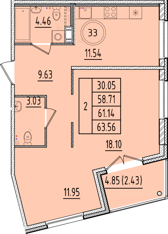 2-комнатная квартира, 58.71 м² в ЖК "Образцовый квартал 17" - планировка, фото №1