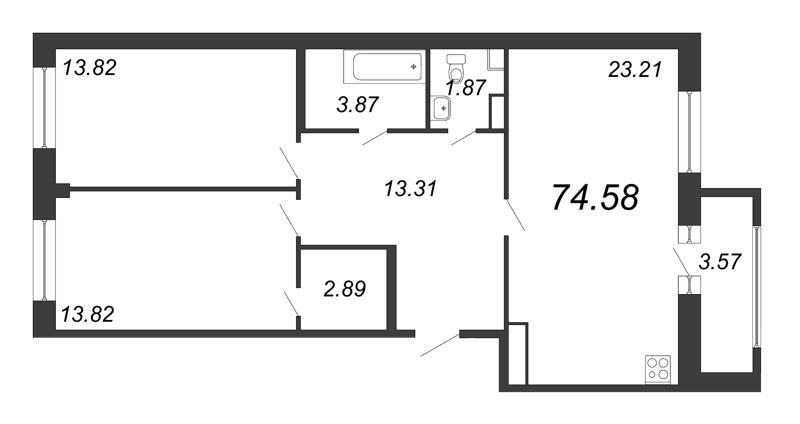 3-комнатная (Евро) квартира, 74.58 м² - планировка, фото №1