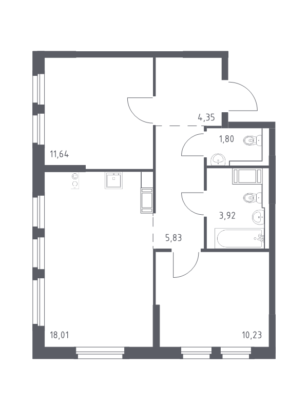 3-комнатная (Евро) квартира, 55.78 м² - планировка, фото №1