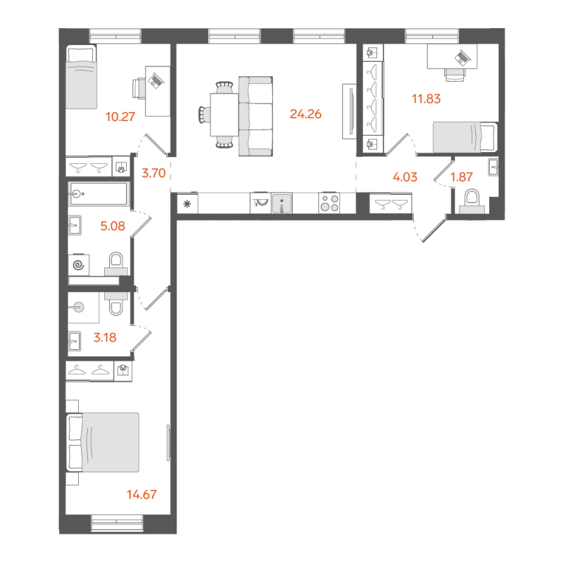 4-комнатная (Евро) квартира, 79.49 м² в ЖК "STAVNI Обводный" - планировка, фото №1