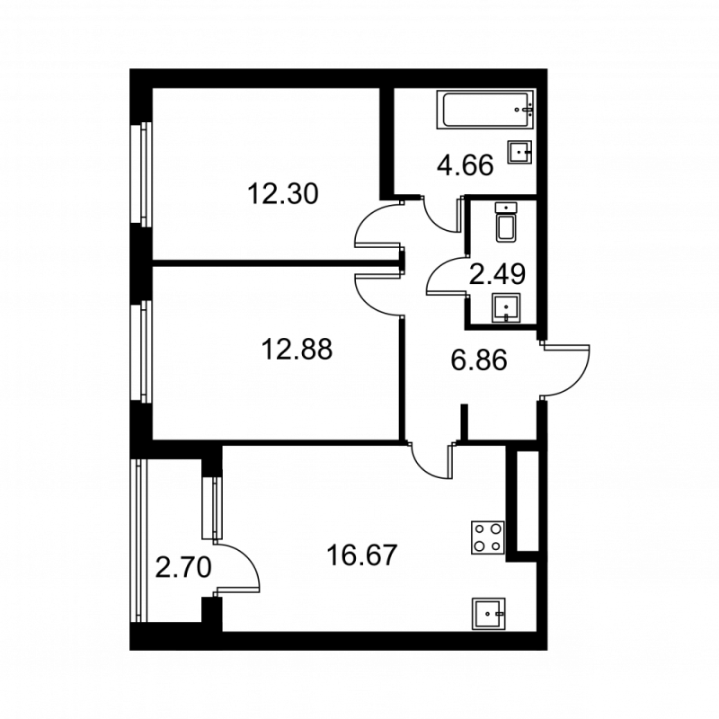 3-комнатная (Евро) квартира, 57.21 м² в ЖК "Квартал Заречье" - планировка, фото №1