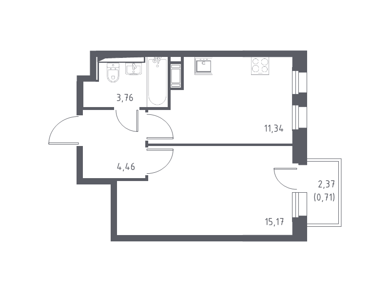 1-комнатная квартира, 35.44 м² - планировка, фото №1