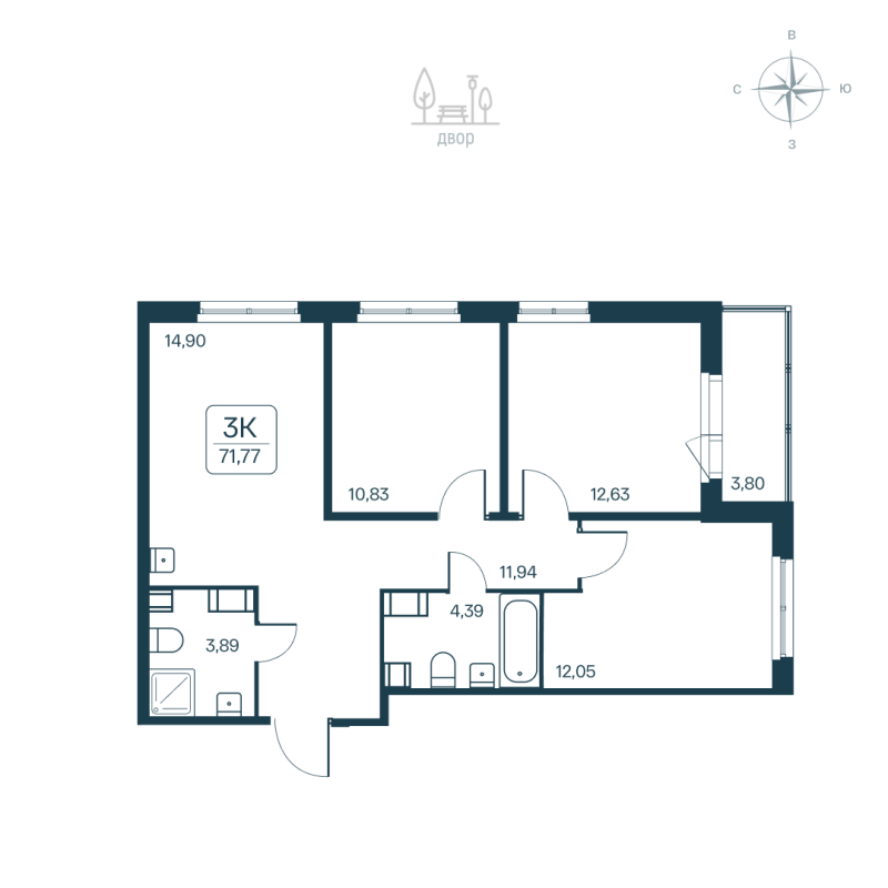 3-комнатная квартира, 71.77 м² - планировка, фото №1