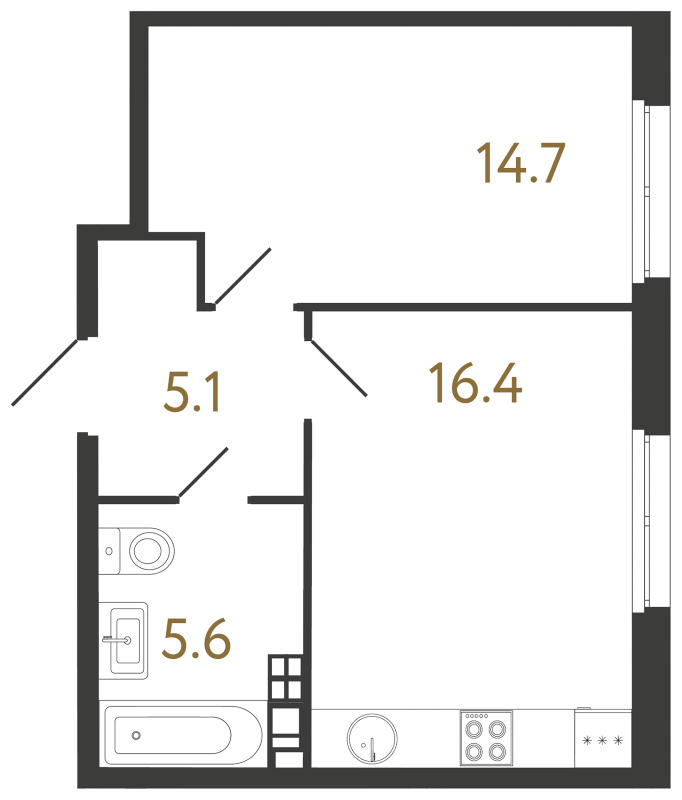2-комнатная (Евро) квартира, 41.8 м² в ЖК "Визионер" - планировка, фото №1