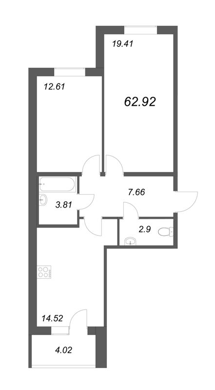 2-комнатная квартира, 60.91 м² - планировка, фото №1
