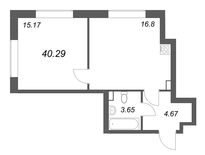 2-комнатная (Евро) квартира, 40.29 м² в ЖК "Аурум" - планировка, фото №1