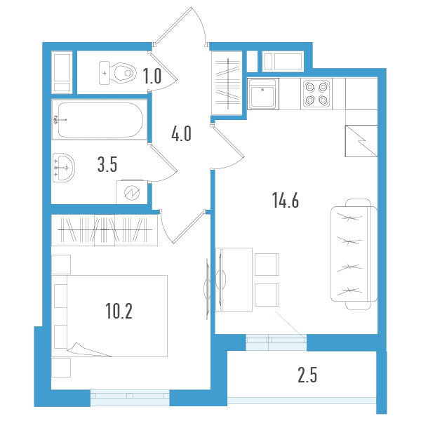 1-комнатная квартира, 34.6 м² - планировка, фото №1
