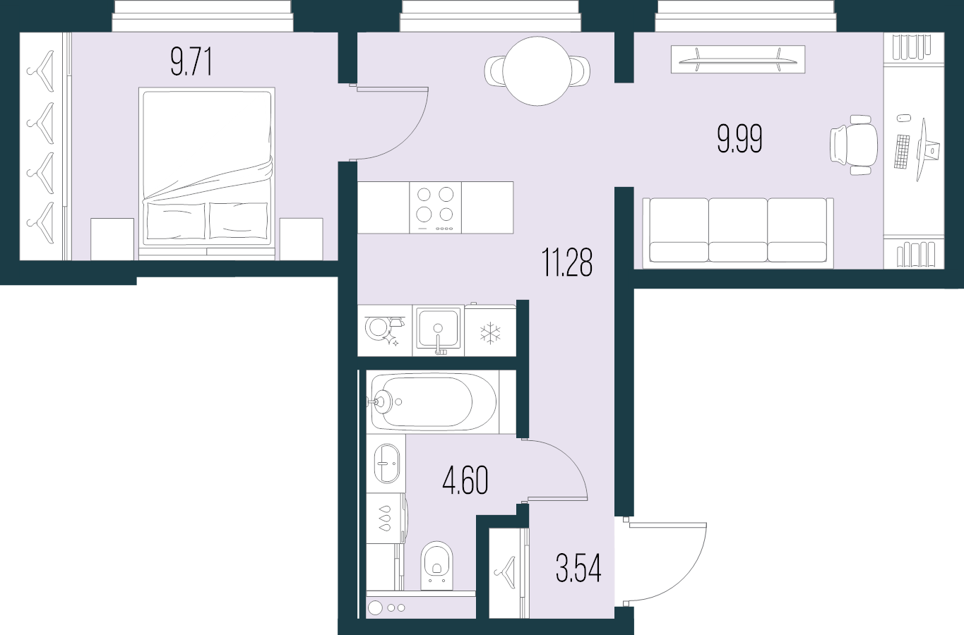 2-комнатная квартира, 39.12 м² в ЖК "Новая Земля" - планировка, фото №1