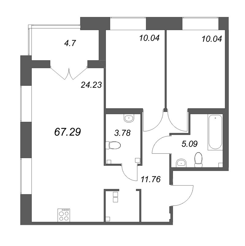 3-комнатная (Евро) квартира, 67.29 м² в ЖК "Ranta Residence" - планировка, фото №1