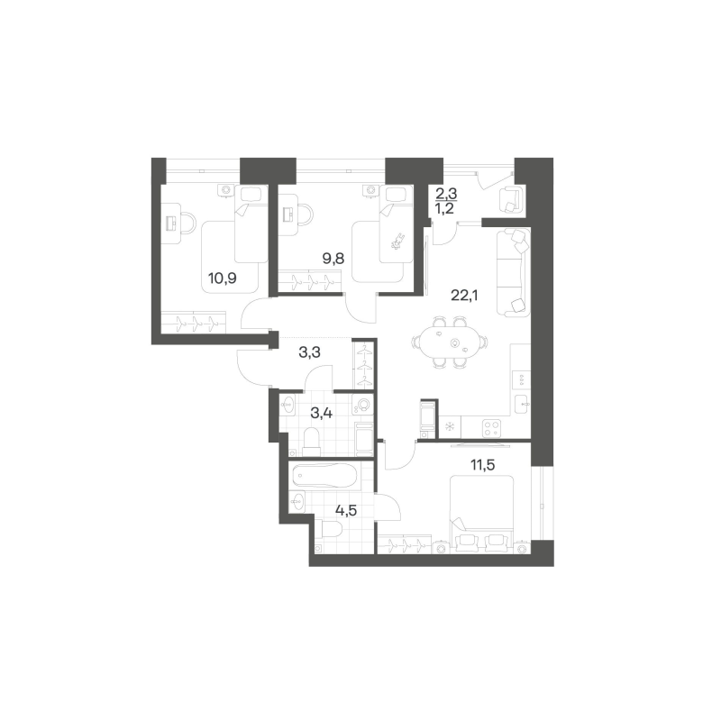 4-комнатная (Евро) квартира, 66.71 м² в ЖК "Новый Питер" - планировка, фото №1