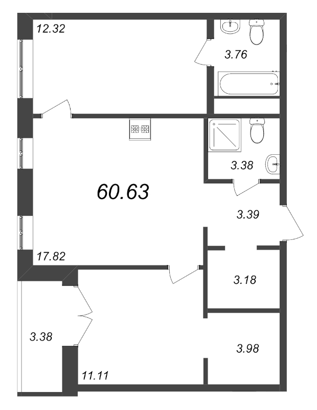 3-комнатная (Евро) квартира, 60.63 м² - планировка, фото №1