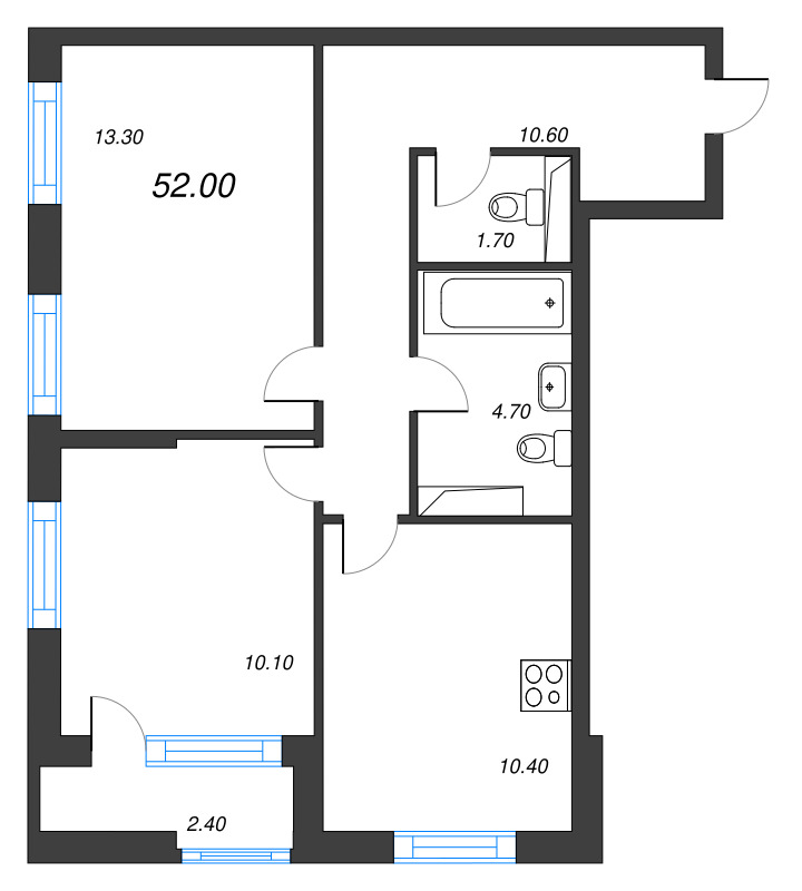 2-комнатная квартира, 52 м² - планировка, фото №1