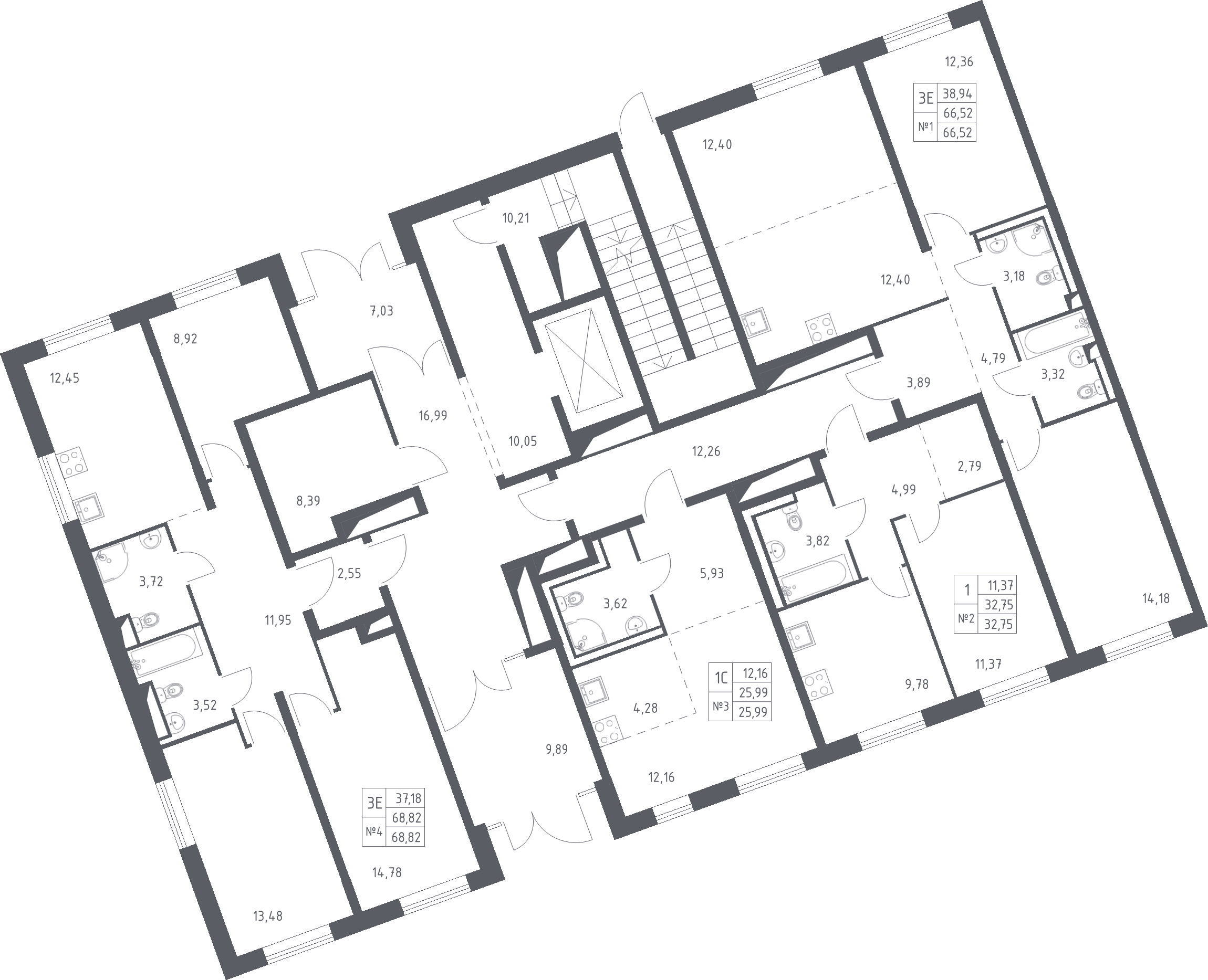 3-комнатная (Евро) квартира, 66.52 м² - планировка этажа