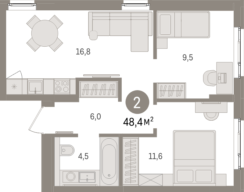 3-комнатная (Евро) квартира, 48.4 м² в ЖК "Брусника в Новоселье" - планировка, фото №1