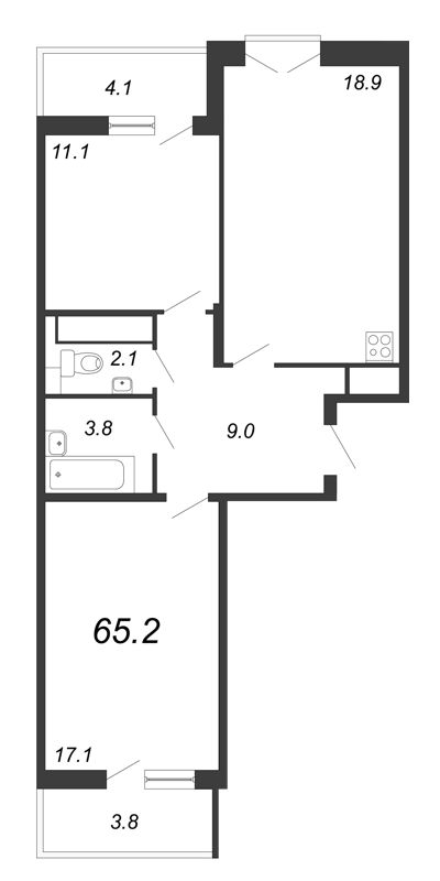 2-комнатная квартира, 65.4 м² - планировка, фото №1