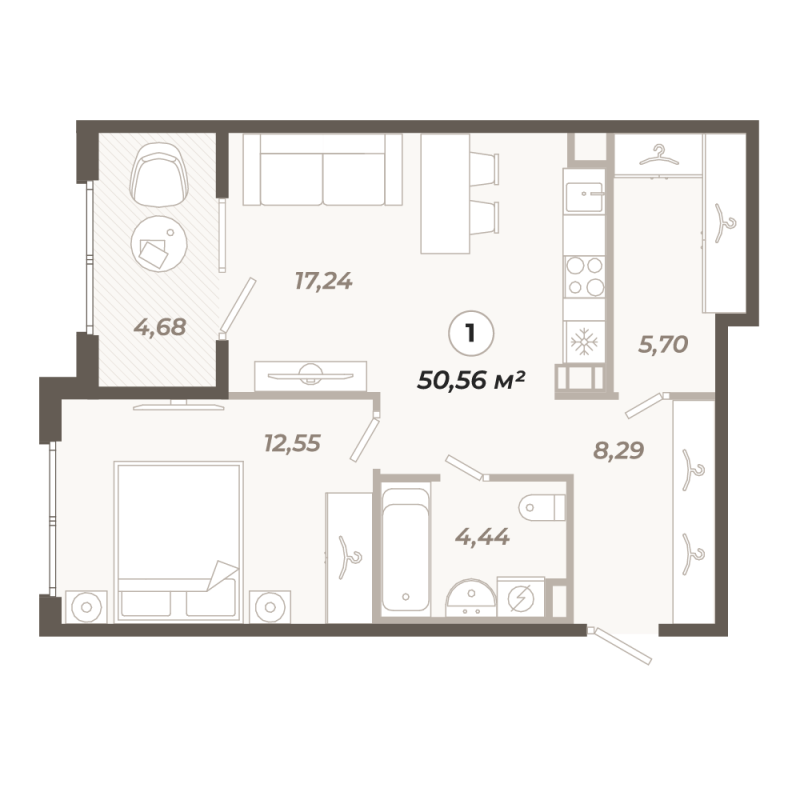 2-комнатная (Евро) квартира, 50.56 м² в ЖК "Знатный" - планировка, фото №1