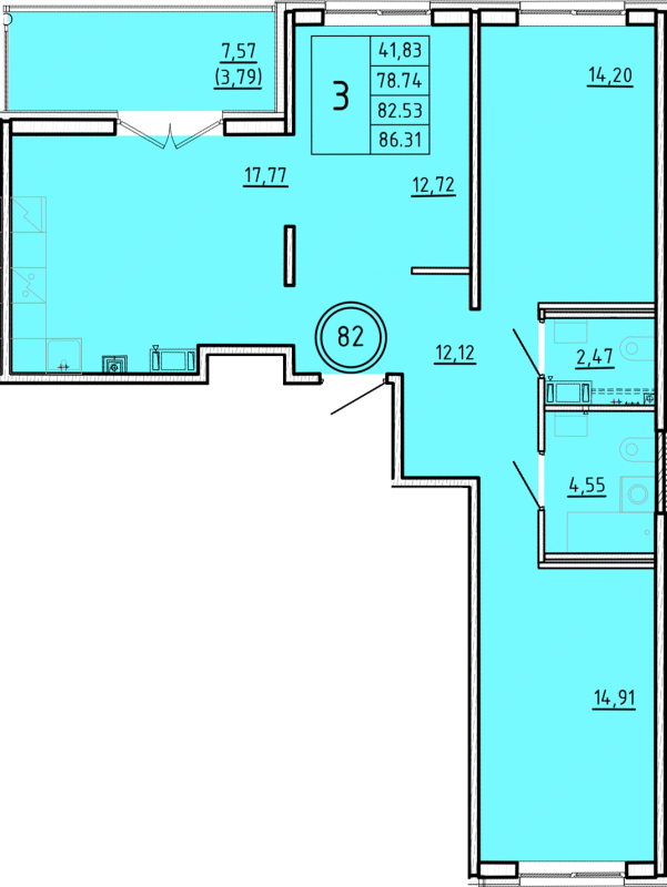 4-комнатная (Евро) квартира, 78.74 м² - планировка, фото №1