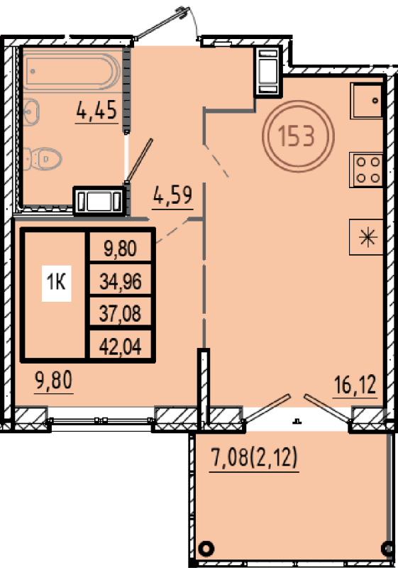 2-комнатная (Евро) квартира, 34.96 м² в ЖК "Образцовый квартал 9.1" - планировка, фото №1